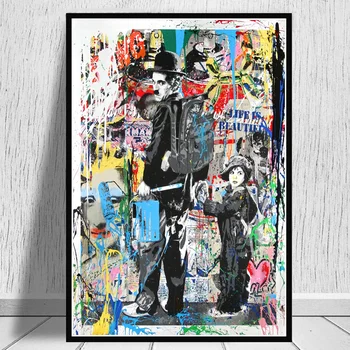 Мастер кино Чаплин Абстрактные граффити Художественные плакаты и принты Уличное искусство Классическая Фигурная настенная картина на холсте Живопись Декор 0