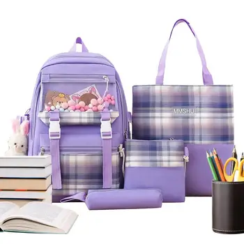 Милый школьный рюкзак для девочек, эстетичная школьная сумка, набор из 4 предметов, школьный рюкзак с подвеской в виде кролика, вмещает книги, ручки, закуски, игрушки, воду