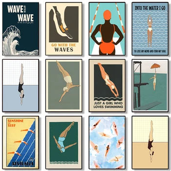 Минималистский Плакат с прыжками Дайвера, плаванием и серфингом, Абстрактная картина на холсте, Морская волна, Настенная картина в скандинавском стиле, Домашний декор для гостиной