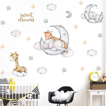 Мультяшный Слон Жираф Луна Звезда Наклейки на стены для детской спальни Украшения дома Diy Животные Настенные художественные наклейки Плакаты из ПВХ 0