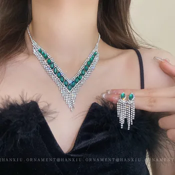 Наборы сережек и ожерелья с хрустальными кисточками, Роскошная женская цепочка на ключицу в стиле ретро, украшение на шею для женщин 1