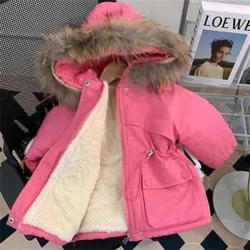 Новая куртка с хлопчатобумажной подкладкой для девочек, корейское зимнее пальто плюс бархатный утепленный меховой воротник для маленьких девочек, детское хлопчатобумажное пальто