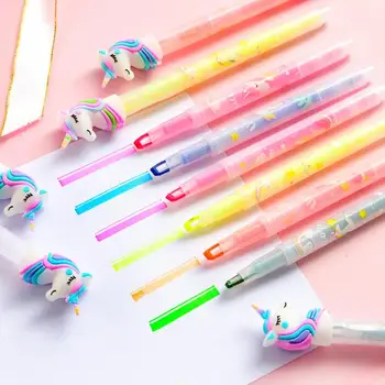 Новое поступление, Флуоресцентная гелевая ручка Kawaii Unicorn с двойной головкой, ручка для рисования граффити, Ключевые Слова, Маркировочная Ручка, Школьные Канцелярские принадлежности