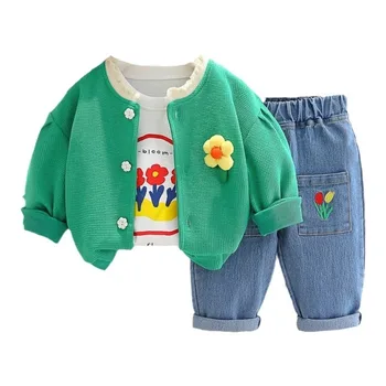 Новый весенне-осенний костюм для малышей, модная повседневная куртка для девочек, футболка, брюки, 3 шт./компл., костюм для малышей, Детские спортивные костюмы