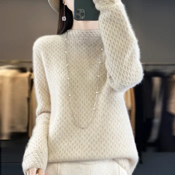 Новый вязаный свитер из 100% мериноса, осенне-зимний модный кружевной свитер с полувысоким воротником, свободный толстый свитер 0