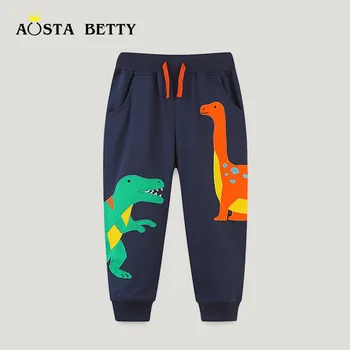 Осенние новые брюки для мальчиков в повседневном стиле с мультяшным динозавром, спортивные штаны с вышивкой, Модные детские защитные штаны