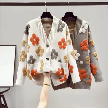 Осенний вязаный кардиган с цветочной вышивкой, женский свитер, свитер с цветочным рисунком, кардиган с рукавом-фонариком, модный джемпер, пальто, верхняя одежда
