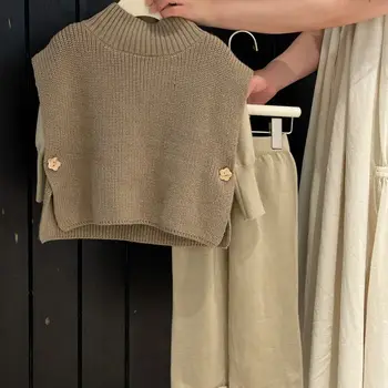 Осенний детский комплект для корейских девочек в ретро-стиле, универсальный мягкий вязаный свитер, жилет-тройка 2023 Простой