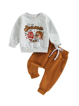 Осенняя одежда для маленьких мальчиков с буквенным принтом регби, круглый вырез, толстовки с длинными рукавами и длинные брюки, комплект одежды из 2 предметов 3