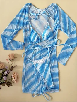 Платье с длинными рукавами и комплект бикини 2023 с градиентным принтом Blue Wave, комплект из 3 предметов, купальник в сетку, накидка в складку, купальник-стринги, Купальники