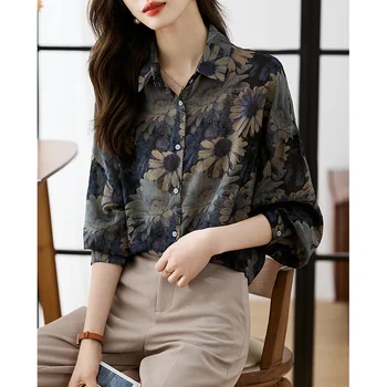 повседневная свободная женская блузка на весну-осень, модная женская рубашка на пуговицах с принтом для работы и повседневности 0