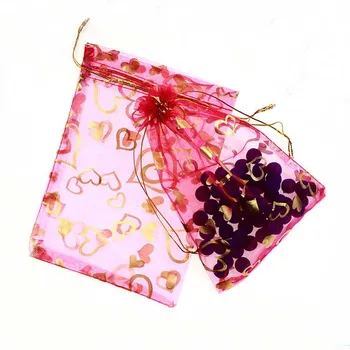Подарочные пакеты с сердечками из розово-красного золота 15 *20 см, 50шт, для ювелирных изделий/свадьбы / Рождества / дня рождения, сумка для пряжи с ручками, упаковочные пакеты из органзы