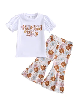 Расклешенные штаны для маленьких девочек, летняя одежда для маленьких девочек, футболки с короткими рукавами, топы, расклешенные штаны с принтом для малышей (цветок)