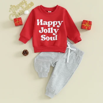 Рождественские Наряды для малышей и мальчиков, толстовка с круглым вырезом и веселым принтом, эластичные штаны для бега трусцой, Осенне-зимняя одежда 0