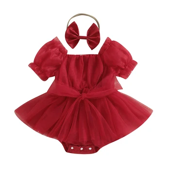 Рождественское платье для маленьких девочек, красное бархатное платье с коротким рукавом и круглым вырезом, платья принцессы Санта-Клауса с поясом, наряды 0