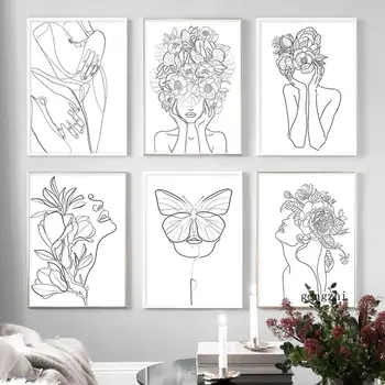 Сексуальная женская цветочная линия, Абстрактный плакат в скандинавском стиле, минималистичная живопись на холсте и принты, настенные рисунки для домашнего декора гостиной 0