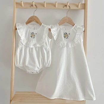 Сестры, платье-ползунки для новорожденных девочек, Летняя Вышивка, Белая Детская одежда, Хлопчатобумажное платье для маленьких девочек, Комбинезон, наряды, одежда