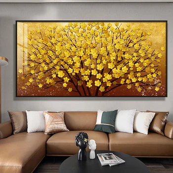 Современная картина маслом, напечатанная на холсте Золотисто-желтого цвета, плакаты и принты с изображением деревьев, цветов и растений, настенная картина для гостиной