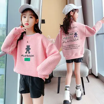 Толстовки для девочек, осень 2023, Новые детские пуловеры с вафлями в корейском стиле, топы, зимняя бархатная толстовка Baby Puls для девочек