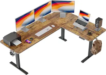Угловой письменный стол FEZIBO 75 дюймов с тройным двигателем, L-образный, реверсивный, с электрической регулировкой высоты, угловой письменный стол-стойка