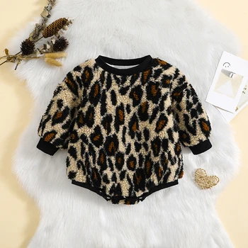 Флисовые свитшоты для маленьких девочек, комбинезоны с леопардовым принтом и длинными рукавами, осенние теплые боди для малышей, одежда 0