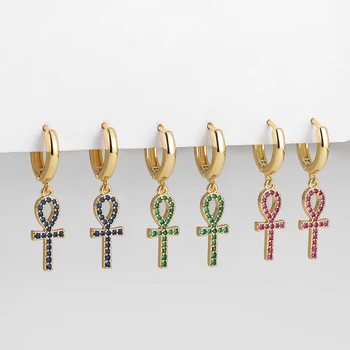 Шикарные серьги-обнимашки золотого цвета, винтажные серьги-кольца с крестом в виде египетского Анкха для женщин, подвески с кубическим цирконием, ювелирные украшения для сережек